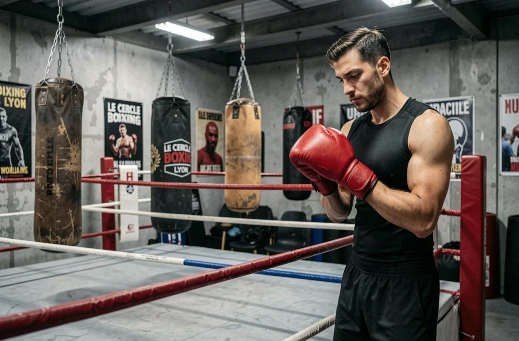 Boxeur équipé de gants rouges dans la salle de boxe Le Cercle Boxing Lyon avec ring professionnel en arrière-plan