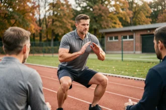 Coach sportif professionnel encadrant une séance d'entraînement en plein air sur une piste d'athlétisme dans le Bas-Rhin