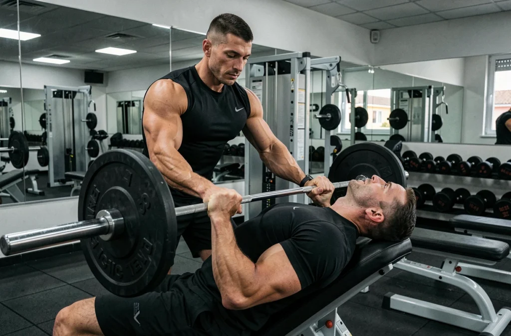 Coach en musculation supervisant un client sur banc de développé couché dans une salle de sport des Bouches-du-Rhône
