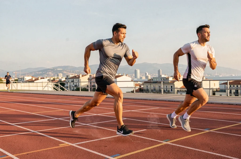 Séance de coaching sportif et préparation physique sur une piste d'athlétisme à Marseille