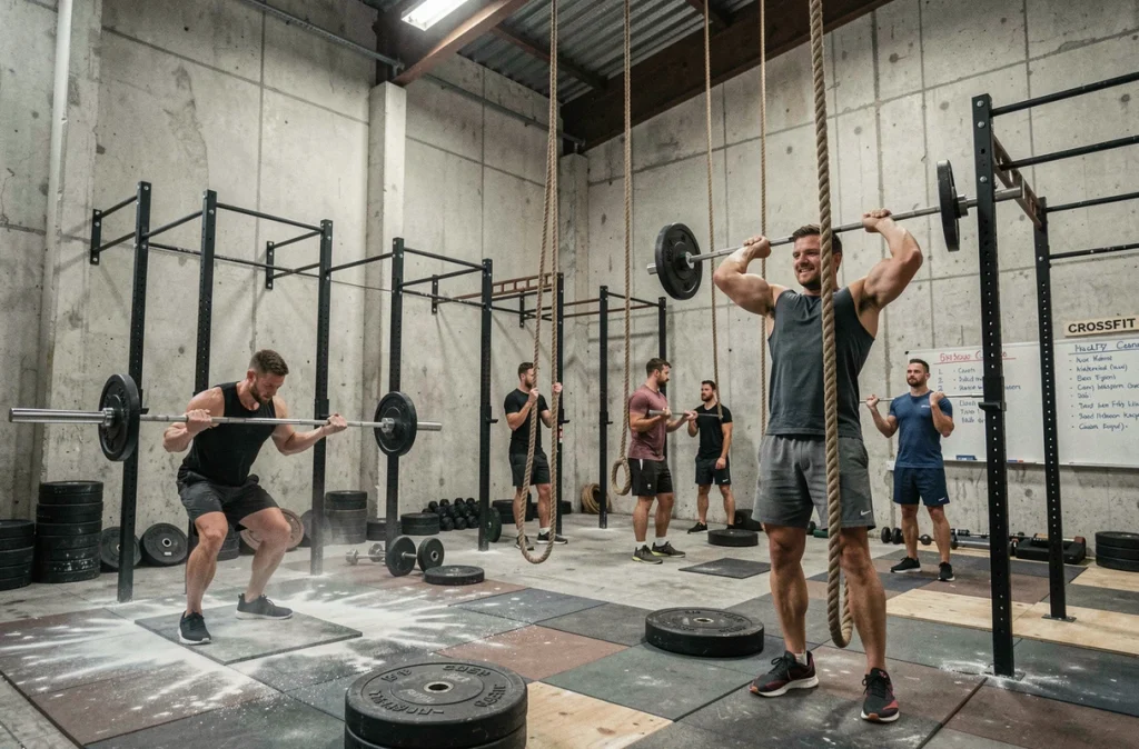 Séance de CrossFit intense dans la box CrossFit Caen avec athlètes adultes sur barres et cordes dans un espace industriel brut