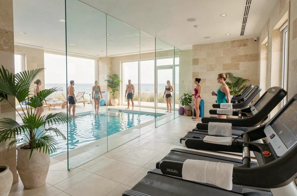 Centre de remise en forme Deauvital à Deauville combinant piscine intérieure et espace fitness avec membres adultes dans un cadre élégant normand