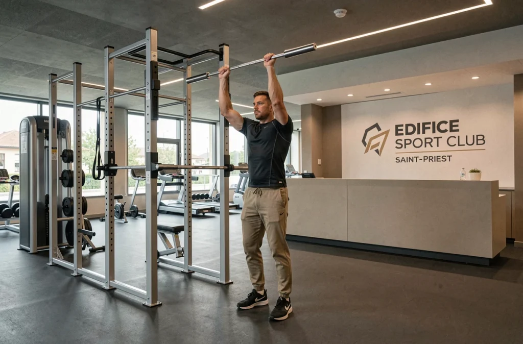 Homme effectuant des tractions dans la salle spacieuse et bien équipée de l'Edifice Sport Club à Saint-Priest