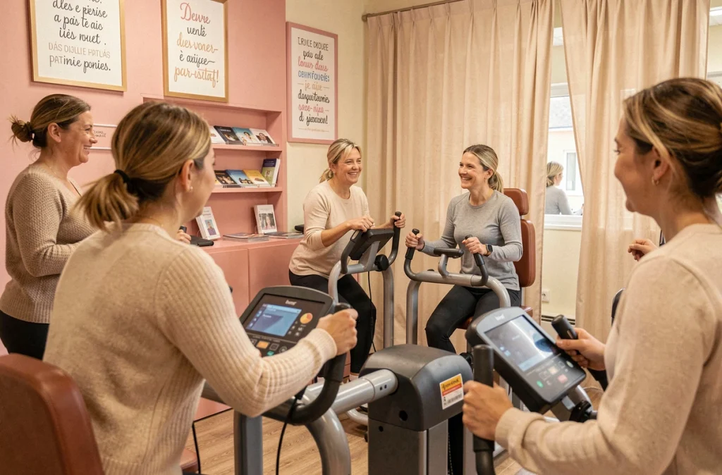 Studio fitness réservé aux femmes Femmes en Forme à Caen avec membres adultes souriantes sur appareils de circuit training dans un cadre chaleureux