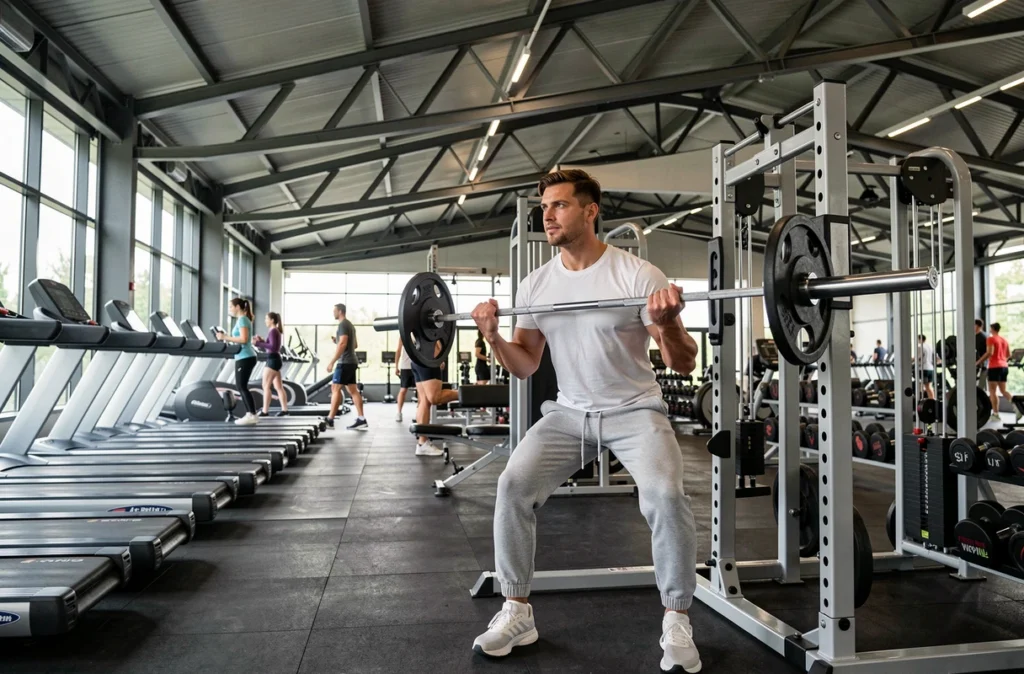 Homme s'entraînant au squat rack dans la grande salle de Fitness Park Lyon Part-Dieu