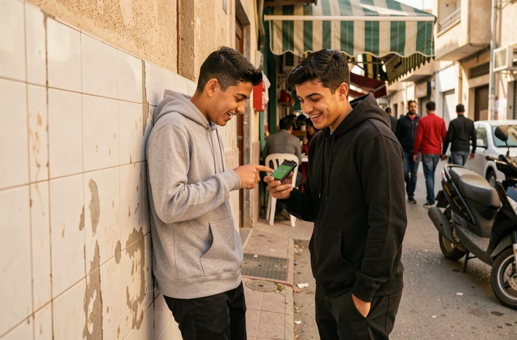 Deux jeunes Algériens consultant les résultats de football en direct sur smartphone devant un café de quartier