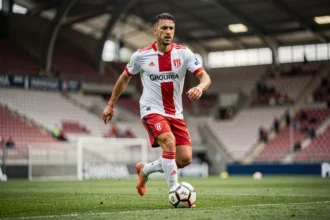 Joueur de l'Olympique Lyonnais en plein dribble lors d'un entraînement au Groupama Stadium en 2026