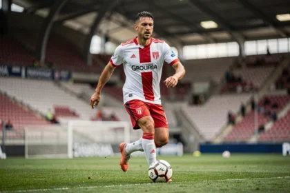 Joueur de l'Olympique Lyonnais en plein dribble lors d'un entraînement au Groupama Stadium en 2026