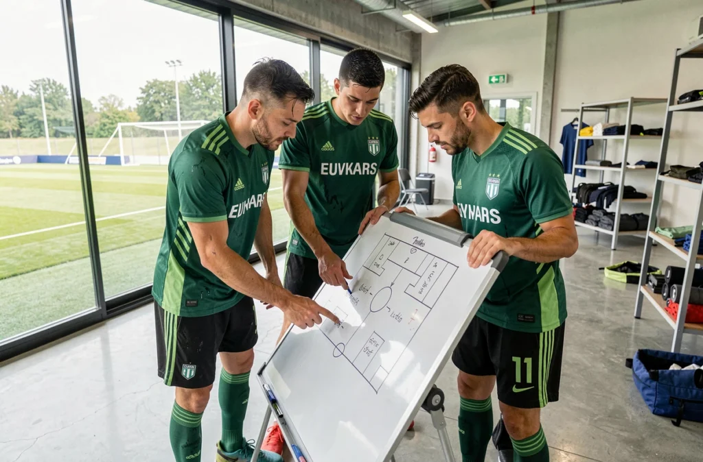Trois joueurs professionnels de Lyon analysant des tactiques sur un tableau blanc dans un centre d'entraînement moderne
