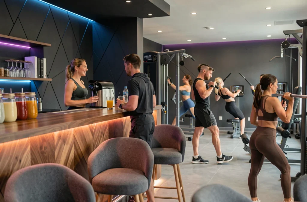Espace fitness et lounge du club La Sphère Social Club à Hérouville-Saint-Clair avec membres en tenue sportive près du bar à jus