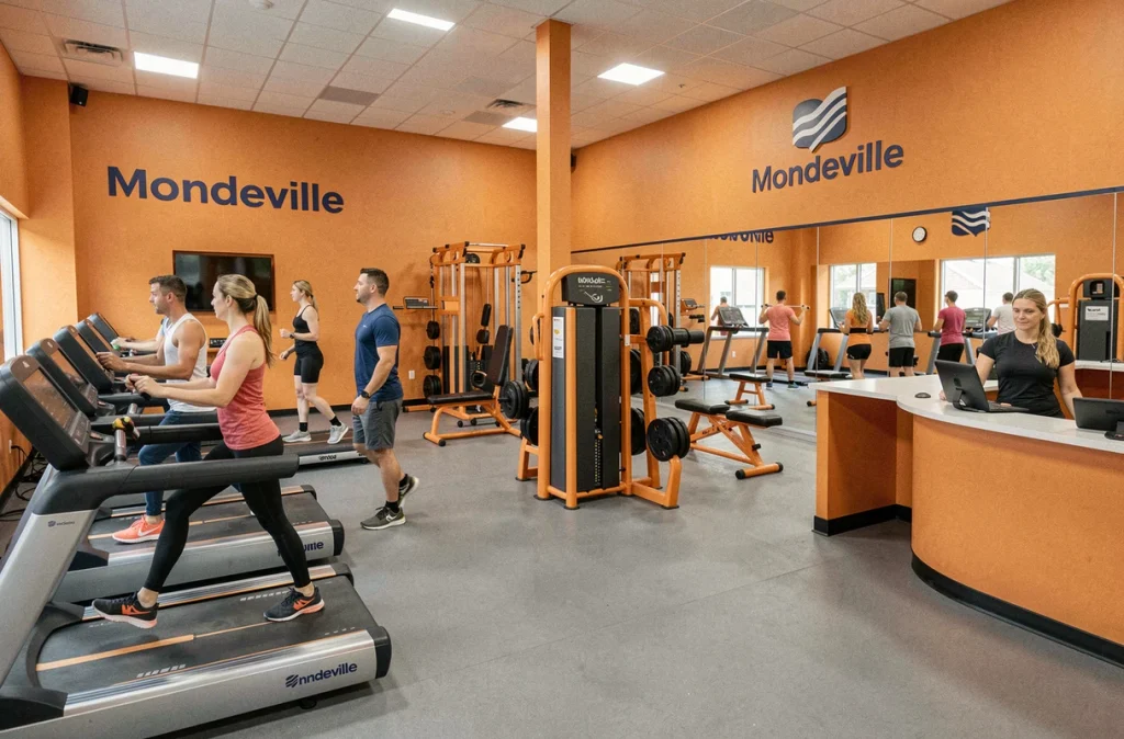 Vue d'ensemble de L'Orange Bleue Caen Mondeville avec ses couleurs signature orange et bleu, membres adultes sur les machines et accueil en premier plan