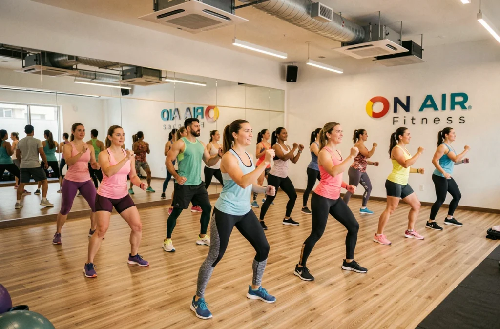 Cours collectif de fitness en plein déroulement à ON AIR Fitness Caen Mondeville avec des membres en tenue sportive colorée
