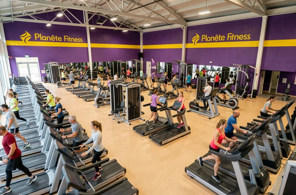 Grande salle de fitness Planète Fitness à Carpiquet avec nombreuses machines et membres adultes s'entraînant dans un espace coloré violet