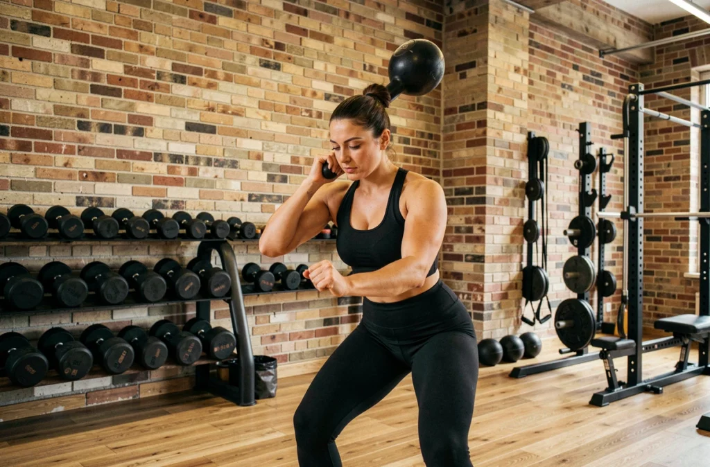 Femme réalisant un exercice au kettlebell dans le cadre chaleureux du Rituel Sport Club Jean-Jaurès à Lyon