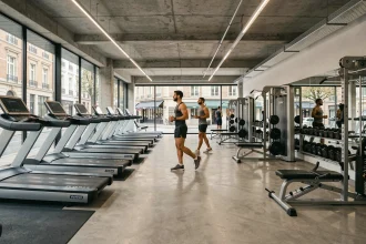 Vue panoramique d'une grande salle de sport moderne dans le Calvados avec équipements de fitness et membres qui s'entraînent