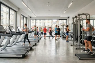 Vue panoramique d'une salle de fitness moderne dans le Rhône avec équipements haut de gamme et ambiance urbaine