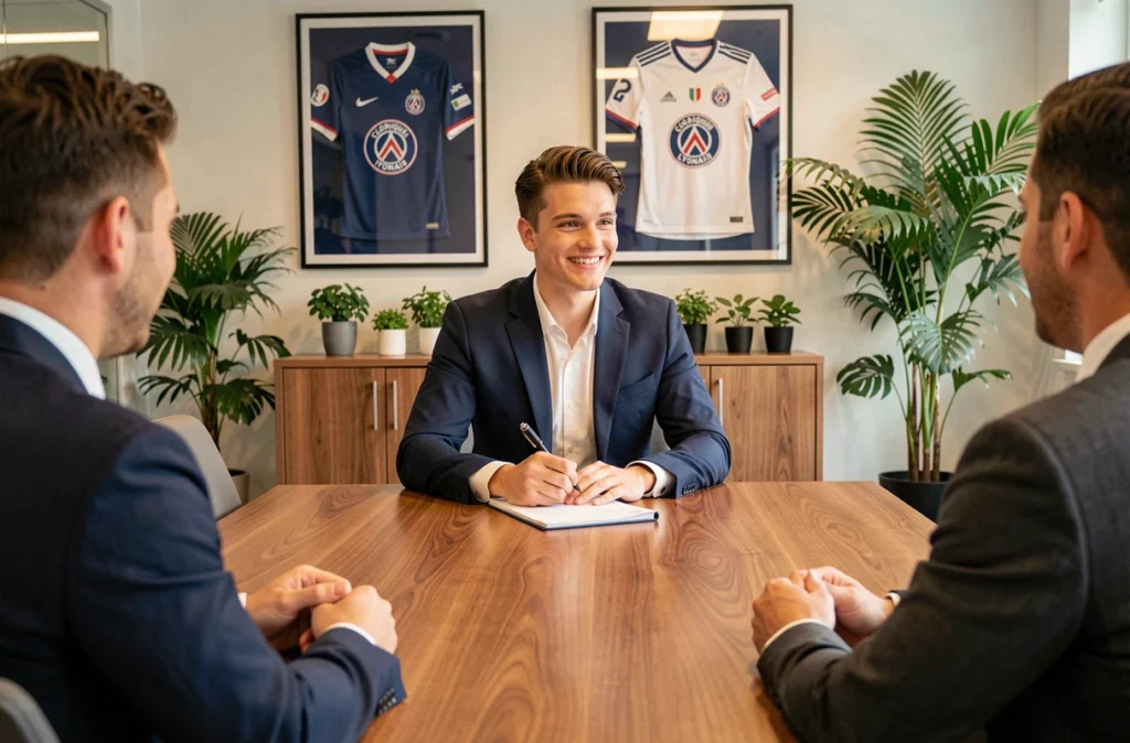 Jeune talent signant son contrat professionnel avec le club de football de Lyon dans une salle de conférence moderne