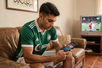 Jeune supporter algérien qui suit un match de football en temps réel sur son smartphone via l'application Competition.dz