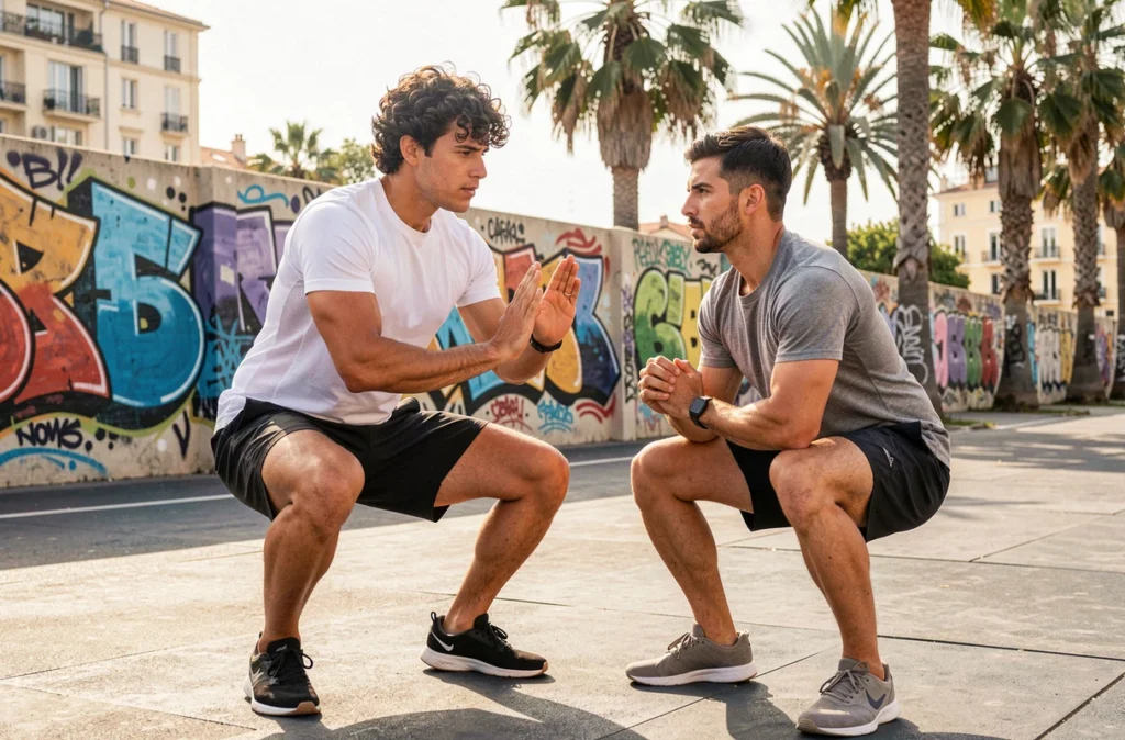 Théo Fernandez coach sportif corrigeant la technique d'un client à Marseille