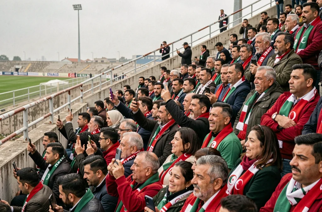 Supporters algériens dans les tribunes d'un stade consultant leurs smartphones pour suivre les scores en direct sur Competition.dz