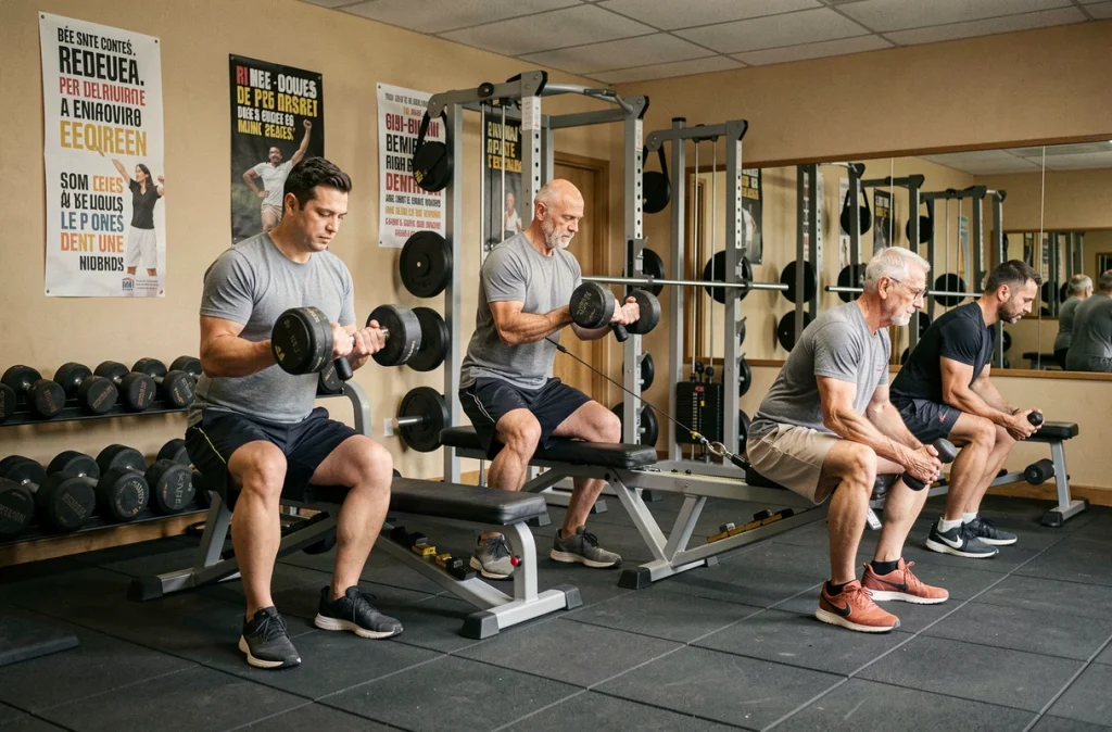 Salle de musculation L'Univers de la Forme à Saint-Contest avec membres adultes utilisant les machines et les haltères dans une ambiance conviviale
