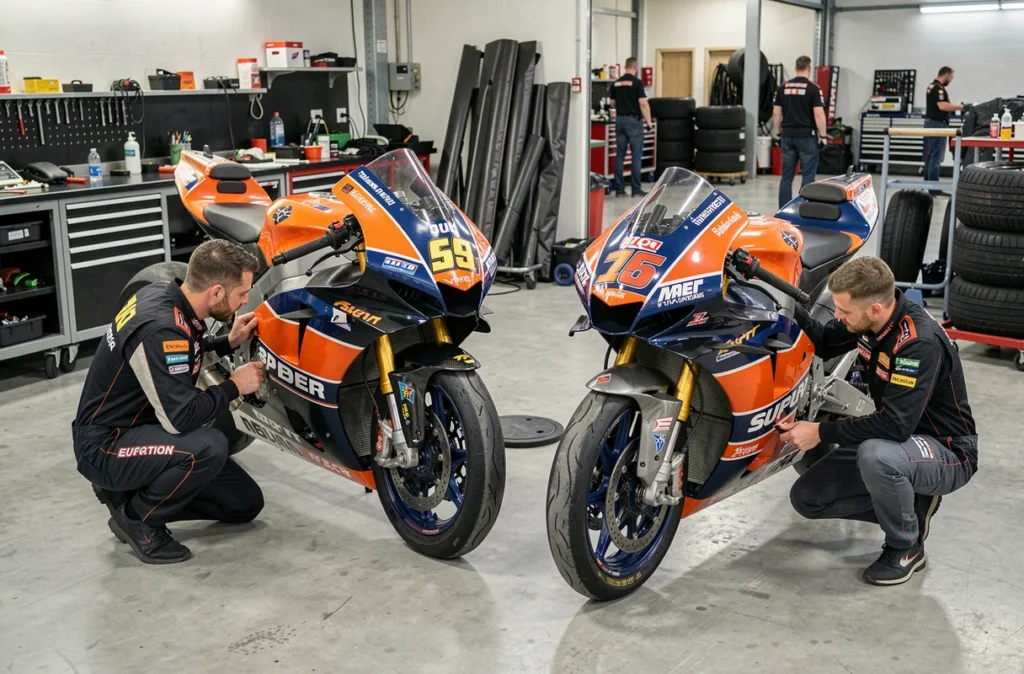 Comparaison technique entre une moto MotoGP et une Superbike dans le stand d'un paddock professionnel
