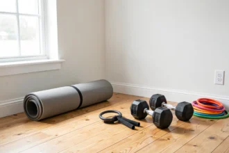 Tapis, haltères réglables et élastiques dans un coin de salon